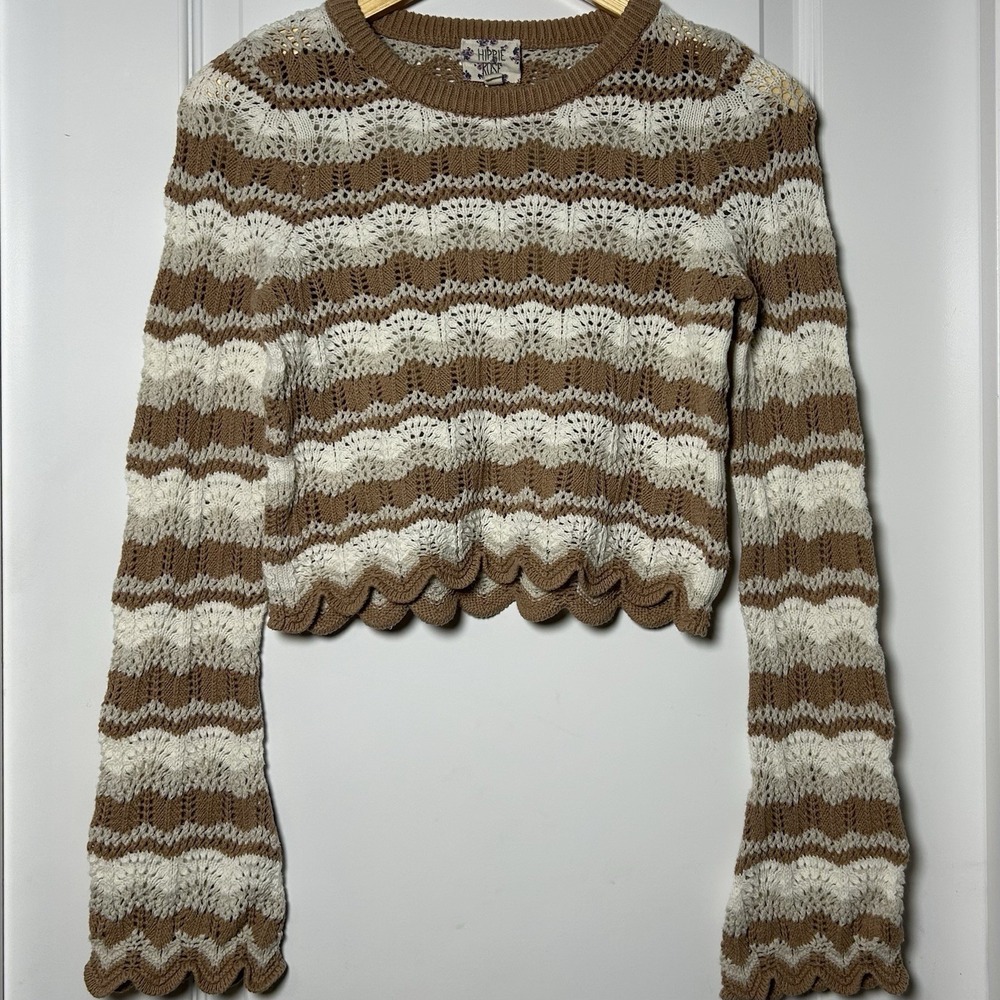 Hippie Roseβ Tan Cream Stripe Crochet Shell Stitch Bell Sleeve Boho Crop Sweater